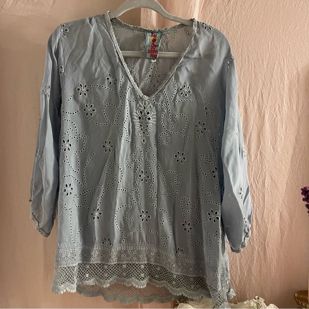 Johnny Was Light Blue Embroidered Women's top